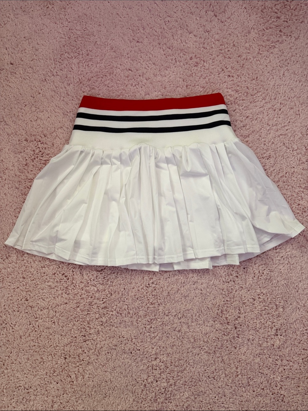 White Pleated Skater Skirt with Red and Black Stripe Waistband